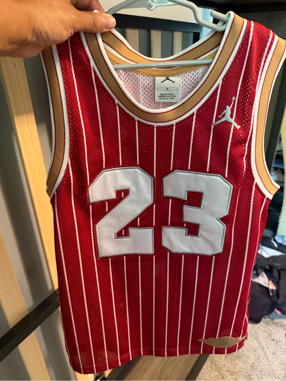 Jordan Red & White #23 Pinstripe Basketball Jersey with Gold Trim